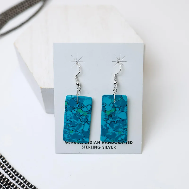 Victorian style earrings-Corraine Smith | Navajo Handmade Turquoise Rectangle Slab Earrings in Deep Teal