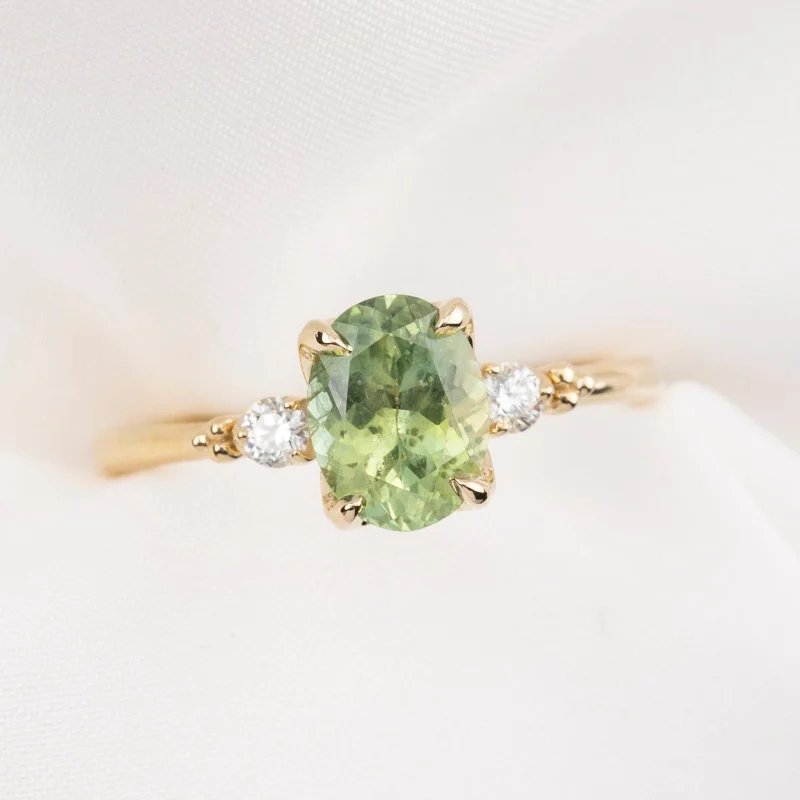 Sunflower design engagement rings-Estel Ring 1.60ct / 1.83ct Light Green Sapphire, 14k Yellow Gold (One of a kind)